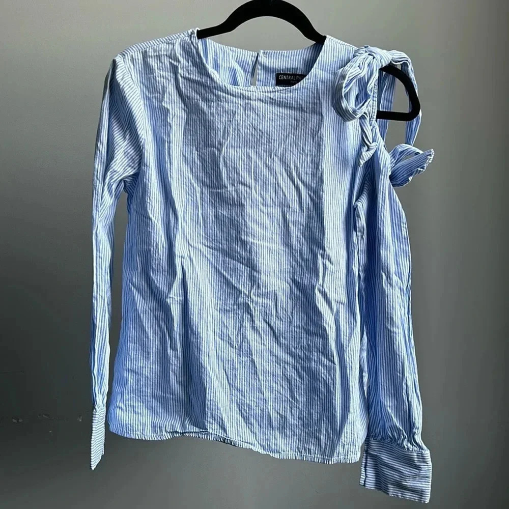 Central Park West New York Striped Cotton Shirt | Striped Shirt | Open Shoulder